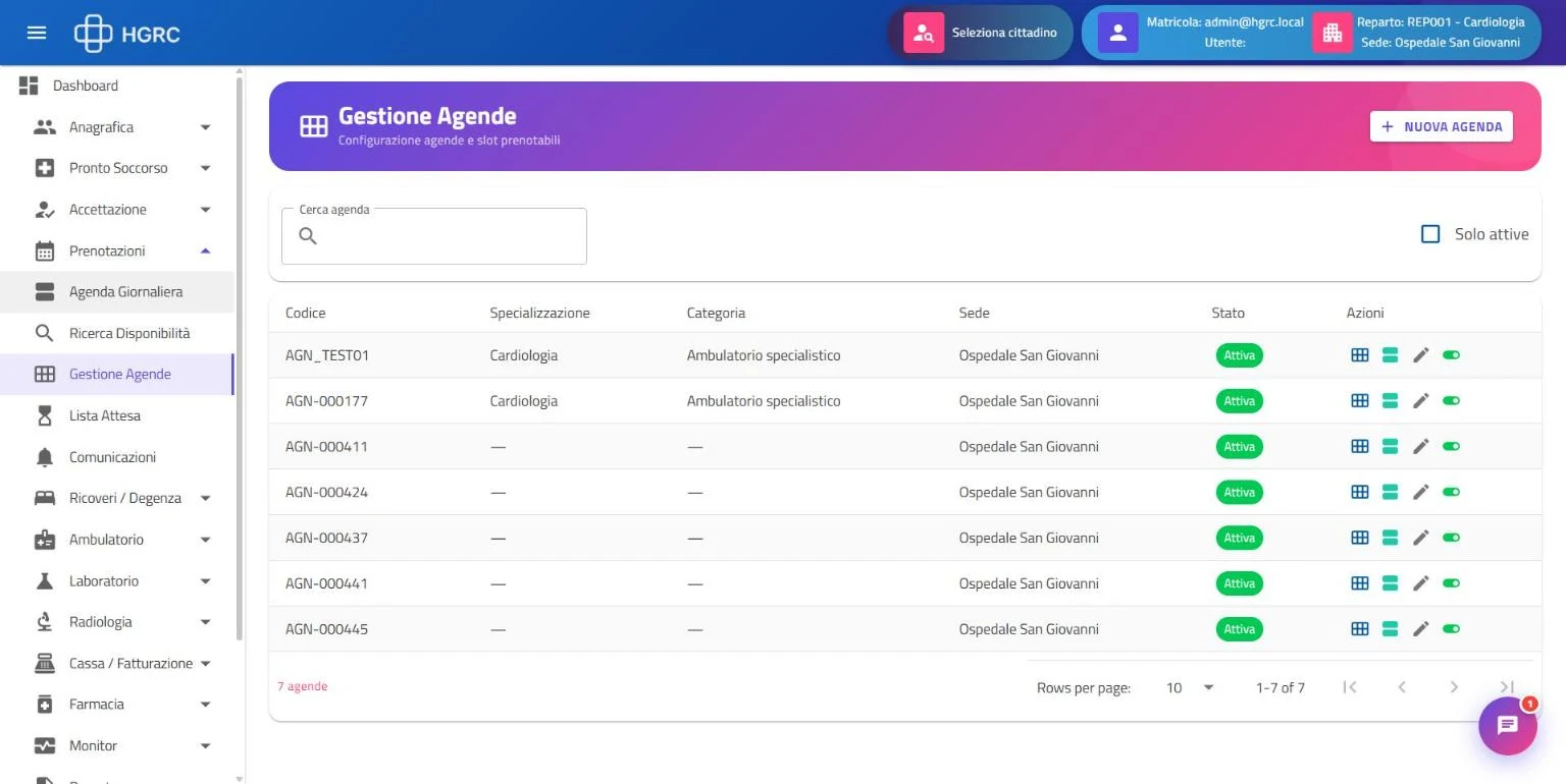 Gestione agende: elenco agende per specializzazione, categoria e sede