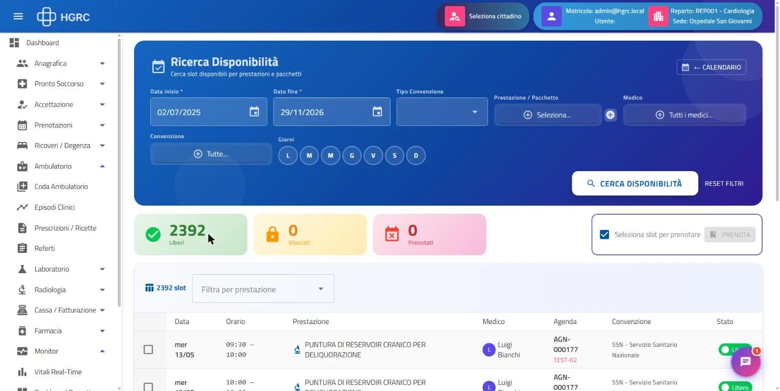 Ricerca disponibilità: slot liberi per prestazione, medico e agenda a partire dal 2 luglio 2025